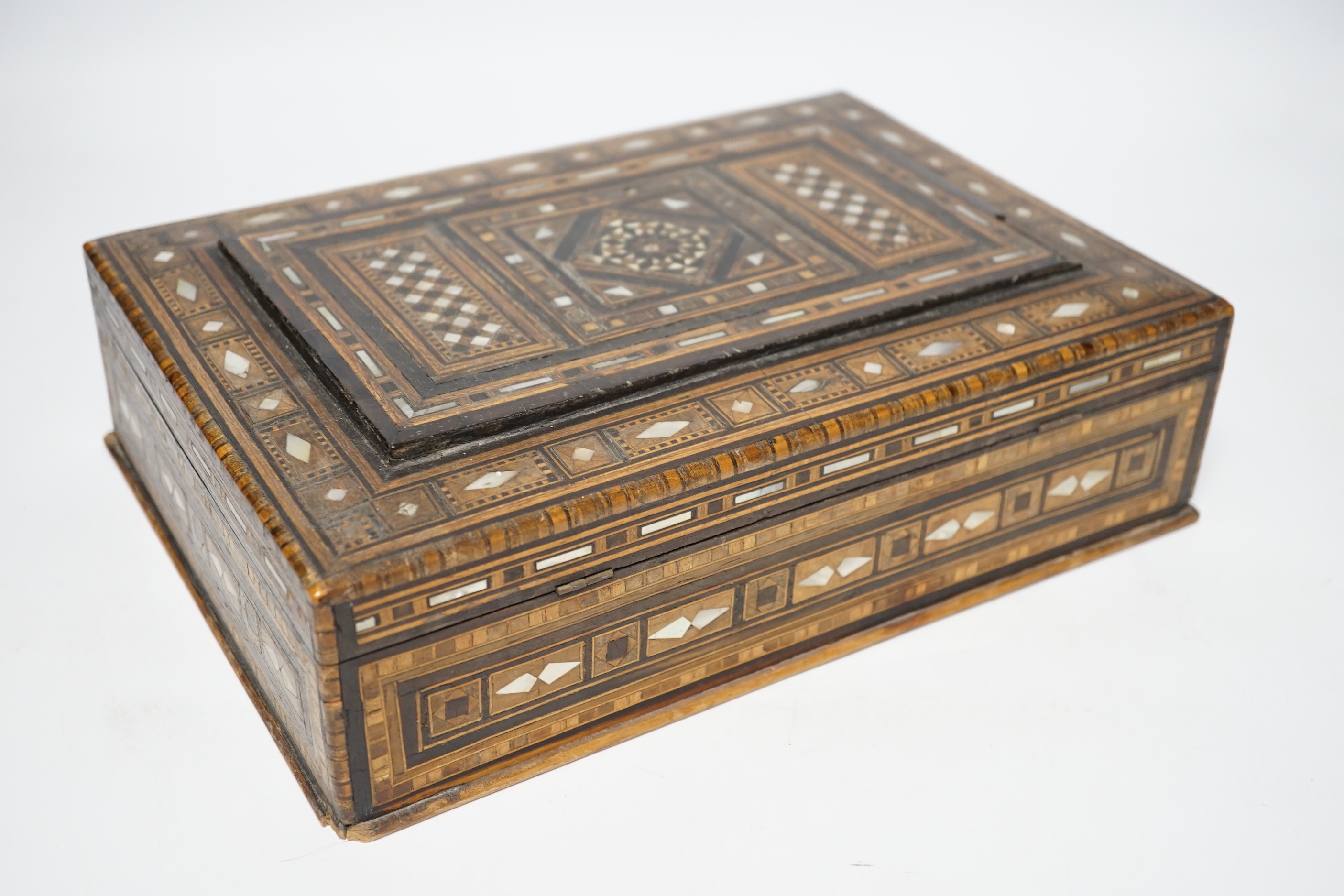 Two Damascus ware mother-of-pearl inlaid boxes, largest 29cm